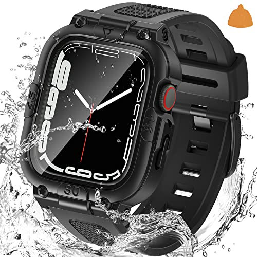 Neitra (3 en 1 Coque étanche à 360 ° pour Apple Watch Series 6/5/4/SE 2023 Protecteur d’écran avec bracelet 44mm, Bracelet de remplacement de montre de sport Robuste Housses protection