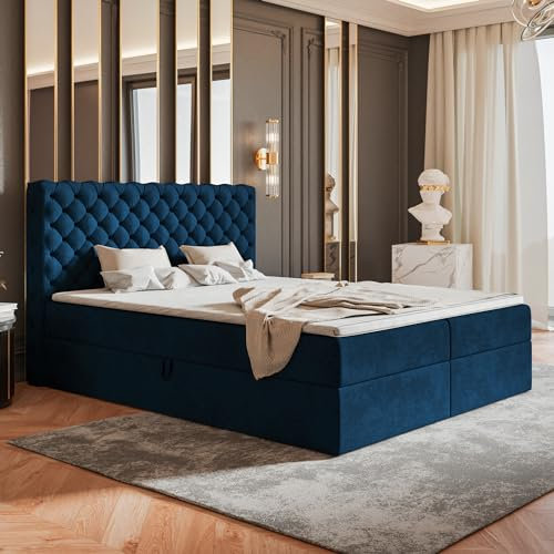 MOTIVENA Nero Chesterfield Boxspringbett 140x200 mit Bettkasten und Topper, Polsterbett 140x200 mit Bettkasten, Bonell-Matratze (H4), T28 Schaumstoff Topper (H3), Chester, Samt, Blau