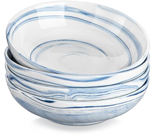 MALACASA Pastateller 1200 ml, 4-teilig Marmorkeramik Tiefteller Salatteller, Nudelteller, Suppenteller, Ramenschale, Große Salatschüssel, Mehrzweckschalen, Blaue REGULAR Serie