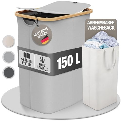 Tvättkorg, 2 fack med 2 lock, 150 liter, bambutyg, ljusgrå, stor, tvättsorterare, tvättkorg med lock, tvättkorg, ljusgrå, antracitgrå, svart, Laundry Hamper | Celeko Home