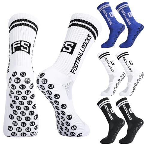 Apricitie 3 Paare Fussball Socken Kinder Fußballsocken Anti Rutsch Grip Jungen Fußball Socken Rutschfeste Sportsocken für Fussball Basketball Laufen Rugby Tennis(M, Weiß+Schwarz+Blau)
