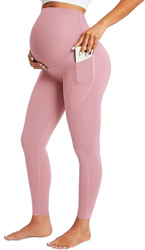 BAYDI Nudi - Leggings de maternidad para mujer con bolsillos, opacos, largos, cintura alta, pantalones de maternidad, suaves, elásticos, Con bolsillos - rosa violeta, XL