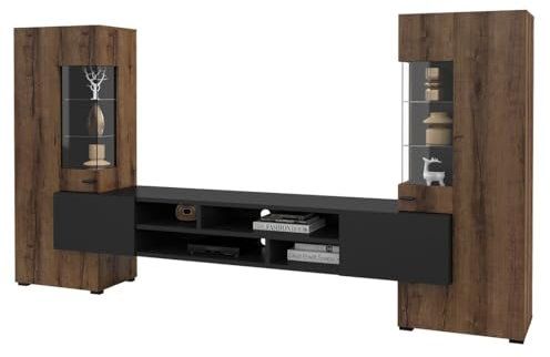PRICE FACTORY just for you Ensemble de 3 Meubles de Salon Collection KOBEE. Couleur chêne foncé et Noir.