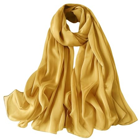 Lina & Lily Bufanda de gasa ondulada de seda pura para mujer, primavera verano pluma, dorado, 72 x 28