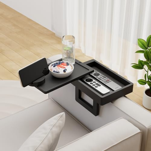 Wealone Mini Schwarzer Couch Arm Armlehne für Schmale Armlehne mit Aufbewahrungsbox, Drehbare Tischplatte und Telefonständer, Verstellbarer Sofa Arm Tischclip für Snacks, Armlehne ≤18 cm Breit