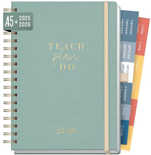 Häfft® Lehrer-Planer 2025/2026 A5 + Deluxe Green Canvas Hardcover Lehrerkalender, Schuljahresplaner mit Spiralbindung, Schulplaner - nachhaltig & klimafreundlich