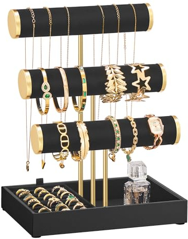 SONGMICS Bracelet Holder Stand, Jewelry Display Stand, Jewelry Organizer, with 3 Tiers and Velvet Tray, Removable Ring Holder, Ink Black UJJS027B01