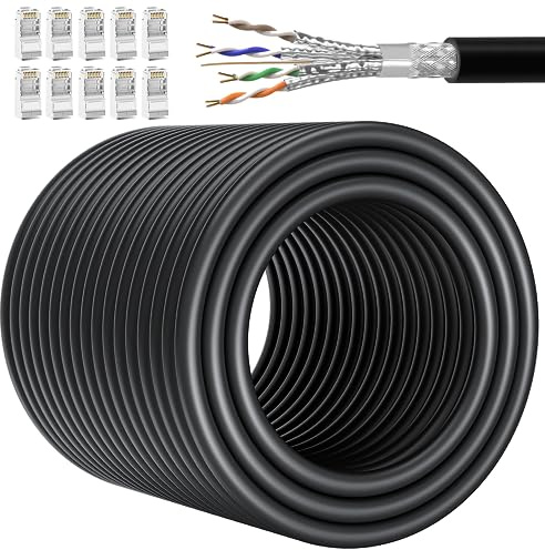 Soibke 80m Cat 7 Außen Verwendung wasserdicht Ethernet Netzwerkkabel, SFTP Geschirmt High Speed 10Gbit/s 600MHz 24AWG Lan Verlegekabel Schwarz 80 Meter mit RJ45 stecker