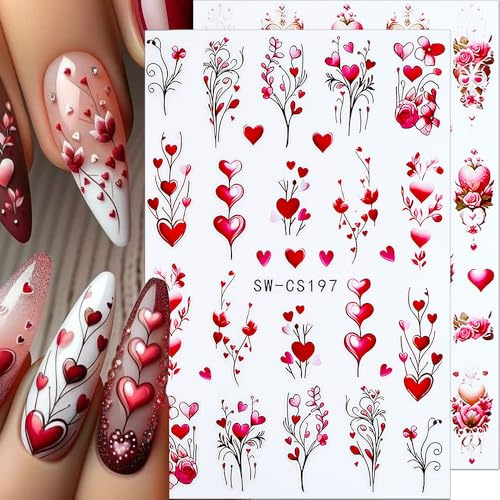 Adesivi per unghie a forma di cuore, per San Valentino, colore rosso, rosa, fiori, cuori, San Valentino, per nail art