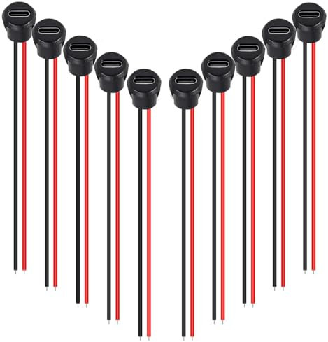 RUNCCI-YUN 10PCS USB Type-C Soldering Panel Mount Socket 2Pin USB C DIY Pigtail Bare Wire Power Cable, Round with Card Buckle with PD Function 150mm 24 AWG Wire （ Black）