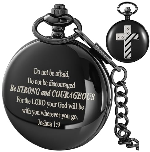 Tiong Bible Verse Pocket Watch Vintage Quartz Pocket Watches Cross American Flag Pattern with Chain Christmas Graduation Birthday Gifts Father's Day