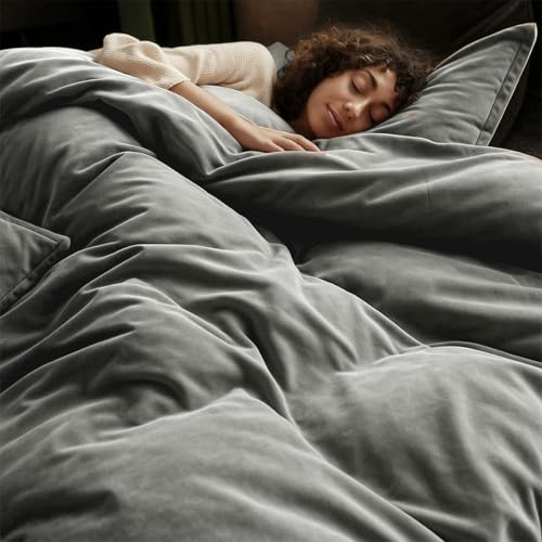 Lanqinglv Plüsch Bettwäsche 135x200 Grau Flanell Flauschig Winter Bettwäsche Biber,Warme Cashmere Touch ÖKO-TEX Bettwäsche Set Bettbezug mit Reißverschluss und 1 Kissenbezug 80x80 cm