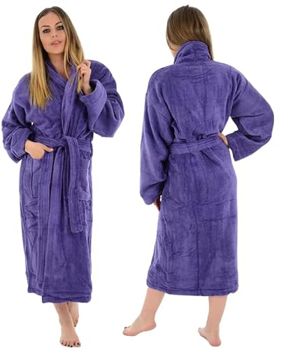 Unisex Egyptian Cotton Bath Robe 100% Luxury Terry Towelling Dressing Gown Soft Hooded or Shawl Neck Loungewear Housecoat for Men Women- Shawal Purple