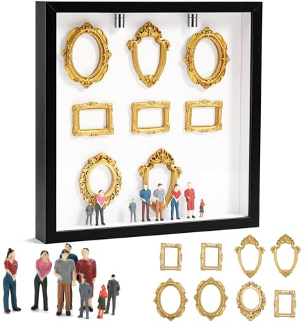 DIY Mini Museum Silhouette Box Personalizada Marco de Caja de Sombras para Fotos Familiares con 8 Mini Marcos Dorados y 8 Minifiguras para Decoración del Hogar, Aniversarios, Cumpleaños y Navidad