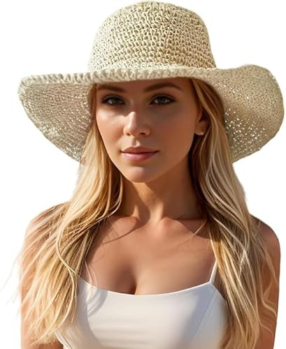 Chapeau de Paille pour Femme, Chapeau de Soleil Pliable, Chapeau de Plage Ajustable, Chapeau de Paille à Large Bord, Léger et Respirant, Chapeau de Pailles d'été pour Plage, Vacances, Voyages (Beige)