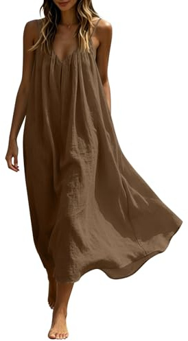 Maxi Dresses Womens Cotton Linen Casual Oversized Tunic Dress Sleeveless Spaghetti Strap Vest Dresses Solid Color A-line Sundress Baggy Beach Long Dress Summer Plain Sundress Brown