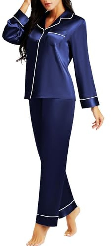 LONXU Pyjama en satin de soie pour femme - Bleu - Large