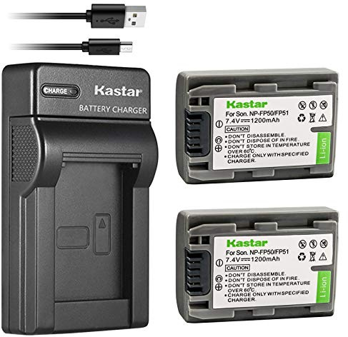 Kastar Battery (X2) & Slim USB Charger for Sony NP-FP51 NP-FP50 and DCR-30 DVD103 DVD105 DVD203 DVD205 DVD305 DVD92 HC20 HC21 HC26 HC32 HC36 HC40 HC42 HC46 HC65 HC85 HC96 SR40 SR60 SR80 SR100 TRV460E
