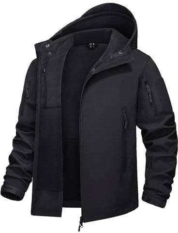 KEFITEVD Softshell Jacke Herren Wasserdicht Winddicht Fleece Gefüttert Jagdjacke Herbst Winter Outdoorjacke Military Hoodie Männer Wanderjacke Schwarz L