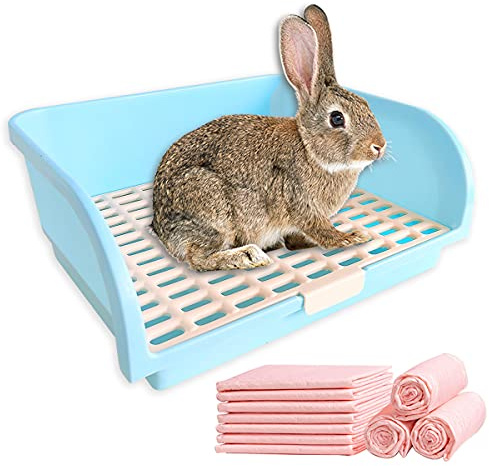 Amakunft 17x13 Extra Large Rabbit Litter Box with 10PCS Pee Pads, High Sided Plastic Bunny Rat Ferret Litter Box with Removable Grid, Indoor Guinea Pig Jumbo Corner Litter Pan for Small Animal Cage