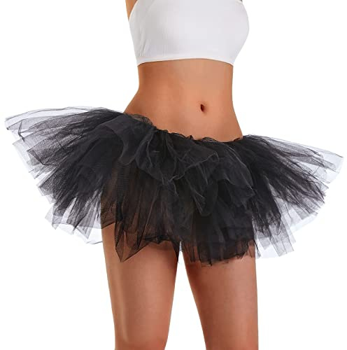 Phantomon Jupe Tutu Classique élastique 5 Couches en Tulle pour Femme et Adolescente, Style Vintage années 1950, Taille Adulte, Noir, Taille Unique