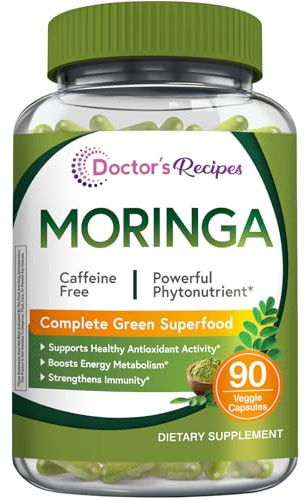 Doctor's Recipes Moringa, Complete Green Superfood, Natural Antioxidant Support, Non-GMO, 90 Vegan Caps, No Caffeine Soy Gluten