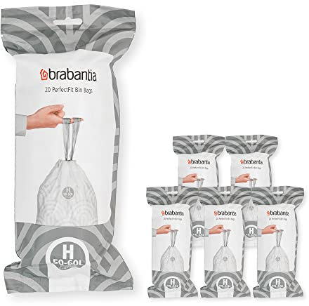 Brabantia 138782 PerfectFit Bin Liners Multipack (Size H/50-60 Litre) Thick Plastic Trash Bags with Tie Tape Drawstring Handles (120 Bags), White