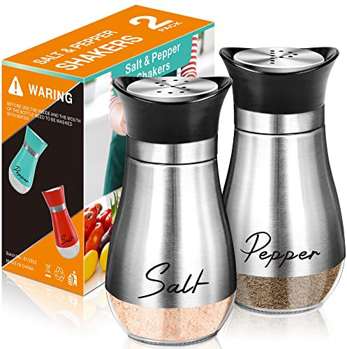 powglass Salt and Pepper Shaker Set, 4 oz Glass Base Salt Pepper Shaker with Stainless Steel Lid for Kitchen Cooking Table, Motorhome, Camp, BBQ Refillable Design (Silver)