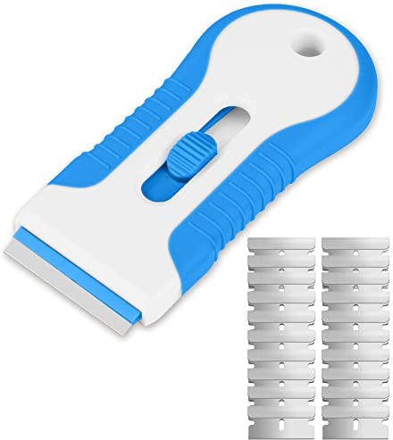 Ainiv 1 Pieza Rasqueta Vitrocerámica de 1 Cabeza, con 20 Acero Carbono Cuchillas Repuesto, Rascador Multiusos de Limpieza para Raspar Etiquetas, Pegamento, Pegatinas, Calafateo y Tinte