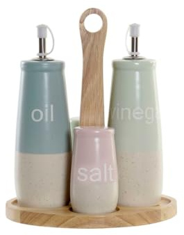 DKD Home Decor Set para Aliñar 19 x 16 x 22,5 cm Azul Rosa Madera de Caucho Verde Gres