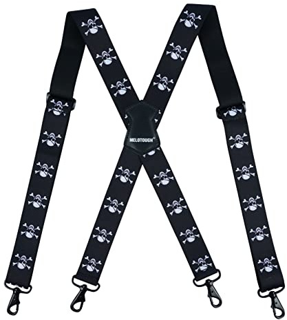 MELOTOUGH Men's Suspender 1.5 Inch Wide Suspenders Adjustable Fully Elastic Braces X Shape Funny Suspenders with Trigger Hooks (Skull)