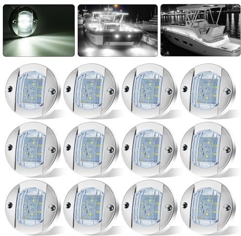 PSDRIQQ 12Pack DC12V 3 Round Marine Boat LED Navigation Lights Stern Anchor Transom Deck Courtesy Light Interior Lamp Waterproof for Pontoon Kayak Sailboat Fishing Boat - White