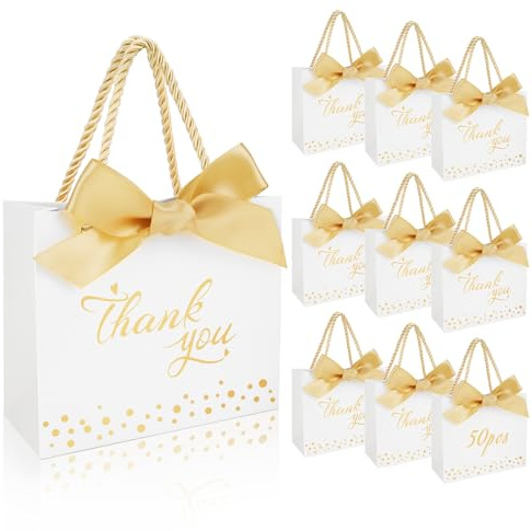 50 Pièce Thank You Sac Cadeau Sachet en Papier avec Poignées et Ruban Doré