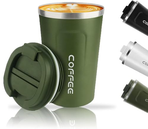 Basuit Stainless Steel Travel Mug, 380 ML, Green, Leakproof, Double Walled, Insulated, Reusable, Cylindrical Mug, 3.8E+2 ML, 14.5 cm x 5.7 inches