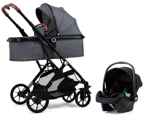 Pixini Kinderwagen Lania 3in1 Kombikinderwagen, inkl. Babywanne & Buggy & Auto-Babyschale (schwarz/grau)