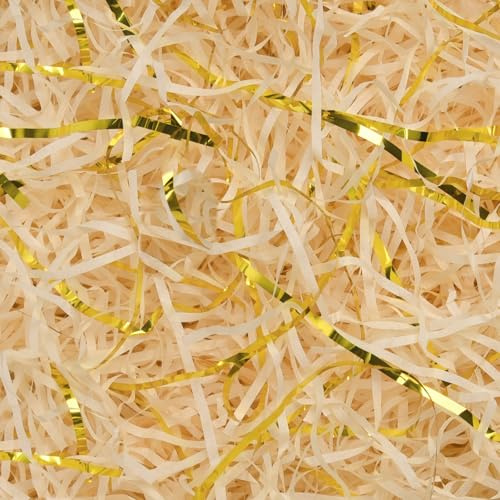 HXJDAM 300g Papier Déchiqueté Champagne et Or, Rafia Frisure Pour Emballage, Papier Dechire Pour Colis, Remplissage Boite Cadeau