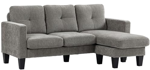 HOMCOM Divano Angolare con Penisola Reversibile, Cuscino per Seduta e Schienale, Divano 3 Posti in Tessuto Effetto Ciniglia, 186x130x84 cm, Tortora