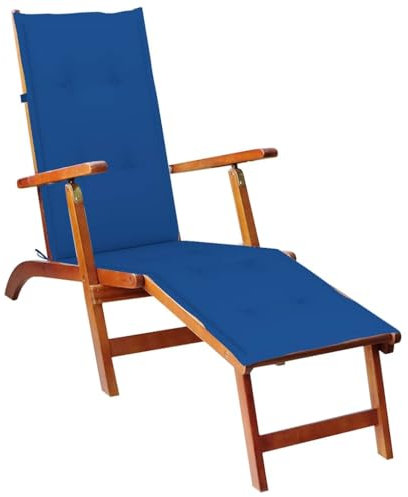 Myheimly Akazienholz Massiv Liegestuhl mit Fußstütze Auflage Deckchair Holzliege Gartenmöbel Liege Relaxliege Gartenliege Sonnenliege Königsblau