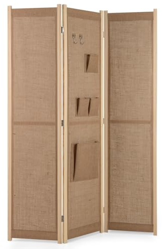 LIFEZEAL Paravent med 3 paneler, 121 x 170 cm rumsavskiljare, inomhusparavent med förvaringspåsar och krokar, vikbar rumsavdelare konstlinne för hem, kontor