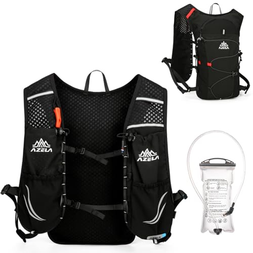 Azarxis Zaino da Corsa 7L, Leggero Zaino Idratazione con Strisce Riflettenti, Rete Traspirante per Running, Maratona, Ciclismo, Uomo/Donna (D - Nero + Sacca Acqua 1,5 Litri)
