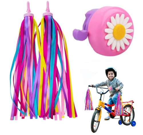 Timbre de bicicleta para niños y serpentinas para accesorios de bicicleta para niños - 1 paquete de timbre y 2 paquetes de serpentinas para manillar (rosa)