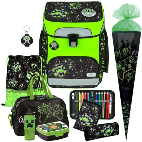 Pridera Scooli Schulranzen Jungen 1.Klasse EasyFit (9tlg. Set passend dazu Sporttasche Brotdose Trinkflasche Schultüte N, Space Robot - Pixel - Glow Edition)