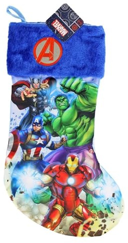VARZI Calza di Natale Supereroi Blu con Polsino Morbido - Decorazione Natalizia da Appendere E Riempire con Dolci Sorprese E Regali 48cm