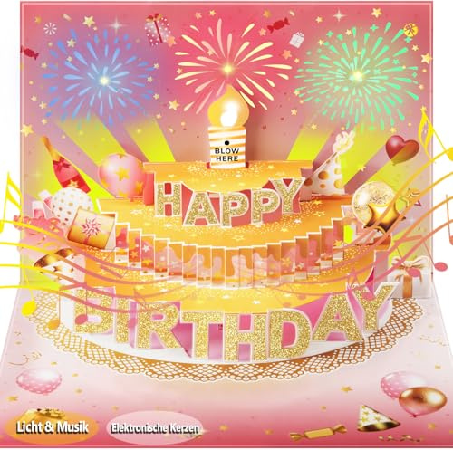 3D Pop Up Birthday Card with Lights and Sound, Blow Out LED Candle with Sensor, Singing Musical Greeting Card for Men, Women, Kids