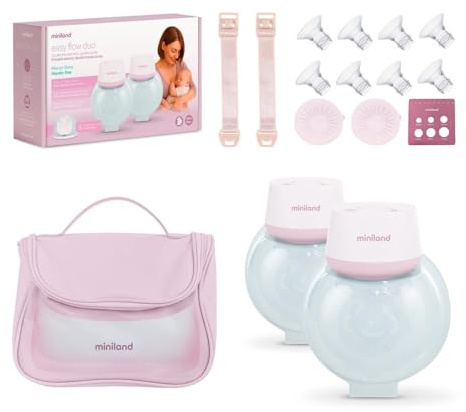 Miniland Easy Flow Duo bärbar dubbel elektrisk bröstpump | Samtidig borttagning, 2 lägen, 9 nivåer, LED-skärm, USB-uppladdningsbar, 2 × 180 ml, BPA Free