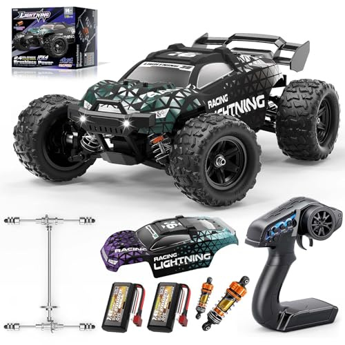 Cirmine Voiture Télécommandée Brushless 1:18 4WD 52 km/h pour Adultes et Enfants dès 10 Ans, Voiture RC Tout Terrain, Transmission Métallique, Amortisseurs Hydrauliques, 2 Batteries, 2 Carrosseries