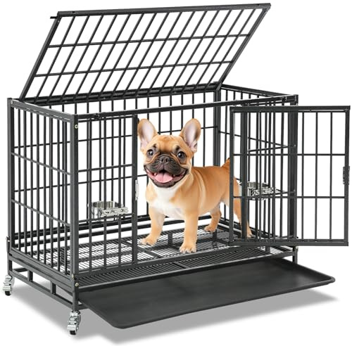 Homey Pet 37 inch Stackable Heavy Duty Dog Crate, Indestructible Escape Proof Dogs Cage Kennel with Lockable Wheels, Removable Tray & Metal Grid, Double Doors for High Anxiety Medium/Small Dogs