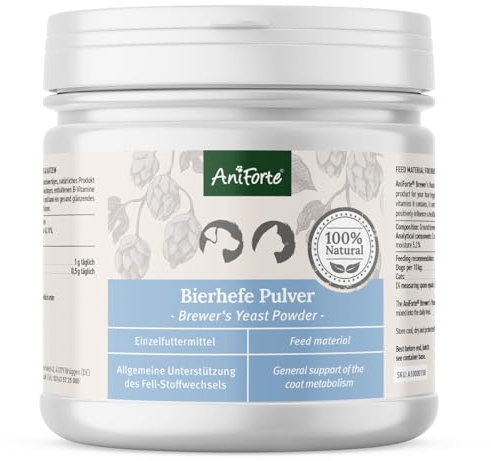 AniForte Bierhefe Hund & Katze 250g Pulver - Glänzendes & kräftiges Fell, Vitale Haut, Biotin & Vitamin B für Hunde & Katzen, Allgemeine Unterstützung der Kondition