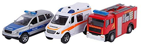 2Play Einsatzfahrzeuge Geschenkset 3fach sortiert (Spritzguss Miniaturfahrzeug, Polizeiauto, Feuerwehrauto und Notarztwagen) - mit Rückzugmotor, Licht und Sound, inkl. Batterie - 510176