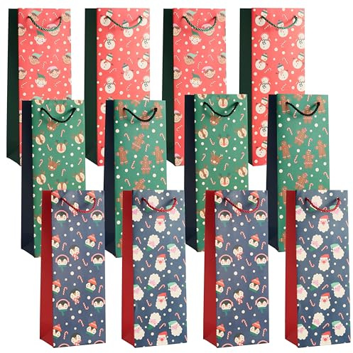 THE TWIDDLERS - 12 Sacs cadeaux de Noël pour bouteilles de vin Papier robuste et poignées solides, parfaits pour les fêtes et les cadeaux de Noël